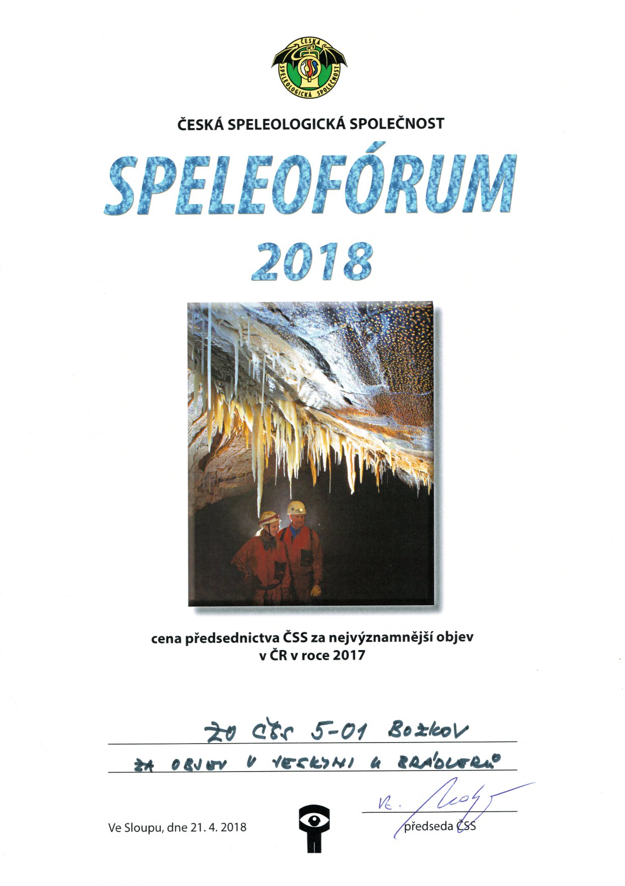 Diplom cena předsednictva ČSS za nejvýznamější objev v ČR v roce 2017